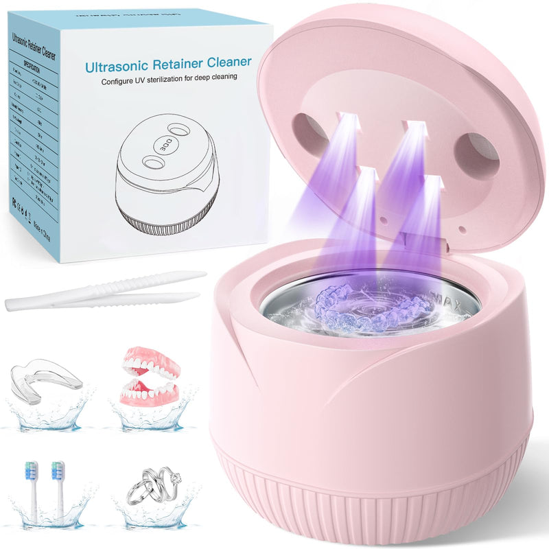 [Australia] - Dental Ultrasonic Retainer Cleaner Machine - Dental Cleaning Pod for Denture, Mouth Guard, Aligner, Night Guard, Braces, Toothbrush Heads, Jewelry, 45kHz Retainer Cleaner with Digital Timer & 200ML Pink 