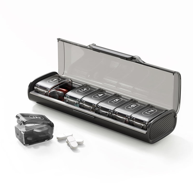 Weekly Pill Organizer,Portable 7 Day Pill Box,Moisture Proof Medicine Pill Organizer,Travel Pill Case with BPA-Free Material,Pocket-Size for Supplements & Vitamins (Black) Slate Black