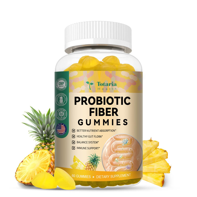 9-in-1 Sugar-free Probiotic Fiber Gummies for Adults & Teens, Pineapple | Fiber Supplement w/ Psyllium Husk, Bacillus Coagulans, FOS, Inulin, Apple Cider Vinegar for Digestion & Gut, 60 Vegan Gummies 60 Count (Pack of 1)