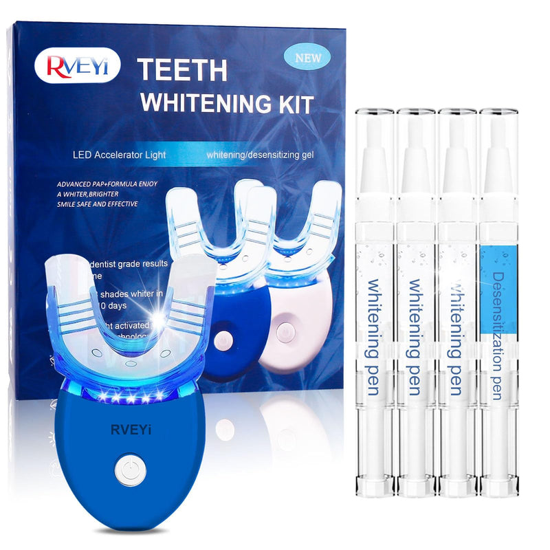 RVEYi Teeth Whitening Kit for Sensitive Teeth with LED Light, 35% Carbamide Peroxide Gel Syringes and Remineralizing Gel, Blue