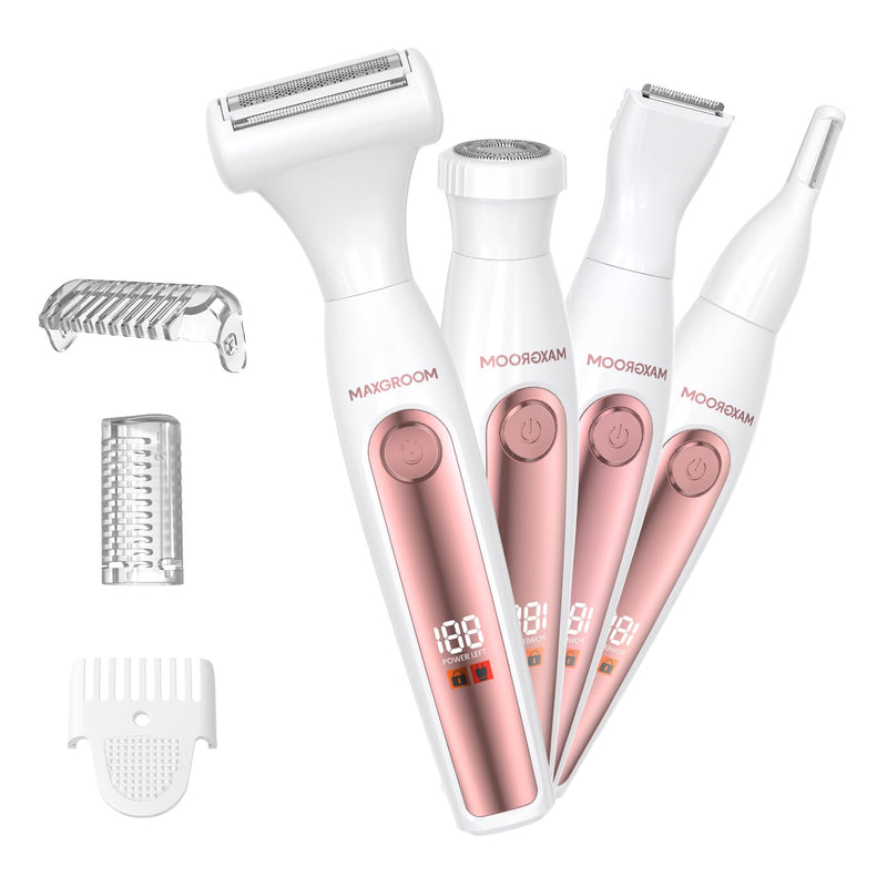Bikini Trimmer for Women, 4-in-1 Waterproof Lady's Electric Razor Shaver and Facial Hair Removal, Cordless Rechargeable Body Hair Trimmer Grooming Sets for Leg, Armpit, Face, Eyebrow (White)
