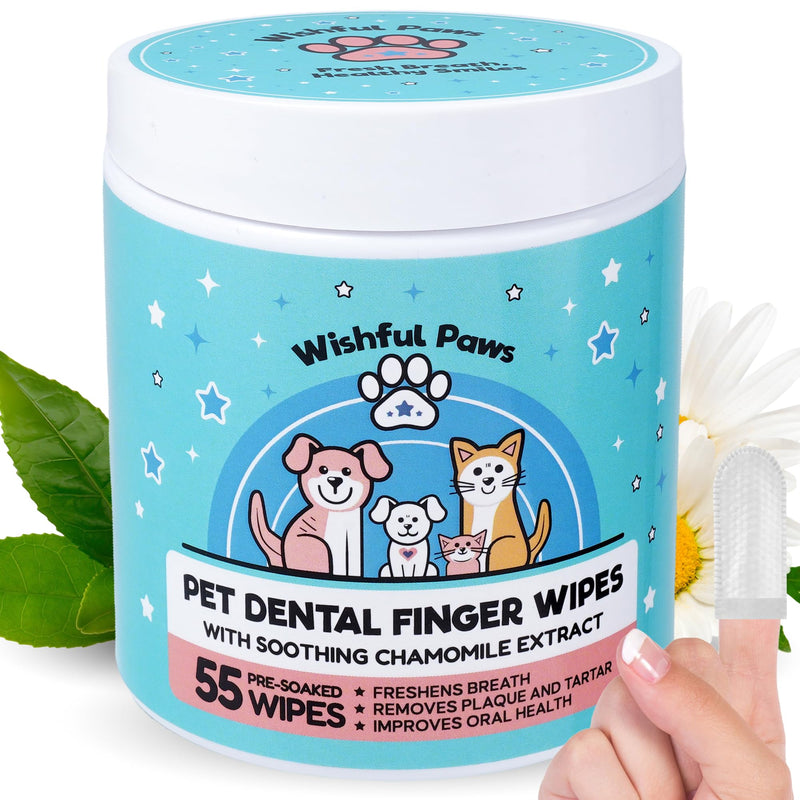 [Australia] - Dog Teeth Cleaning Wipes - Dog Tooth Brushing Kit - Dog Toothbrush Finger Wipes - Removes Plaque & Tartar, Dog Breath Freshener - No-Rinse Pet Dental Care for Dogs & Cats - Easy Use - 55 Count 