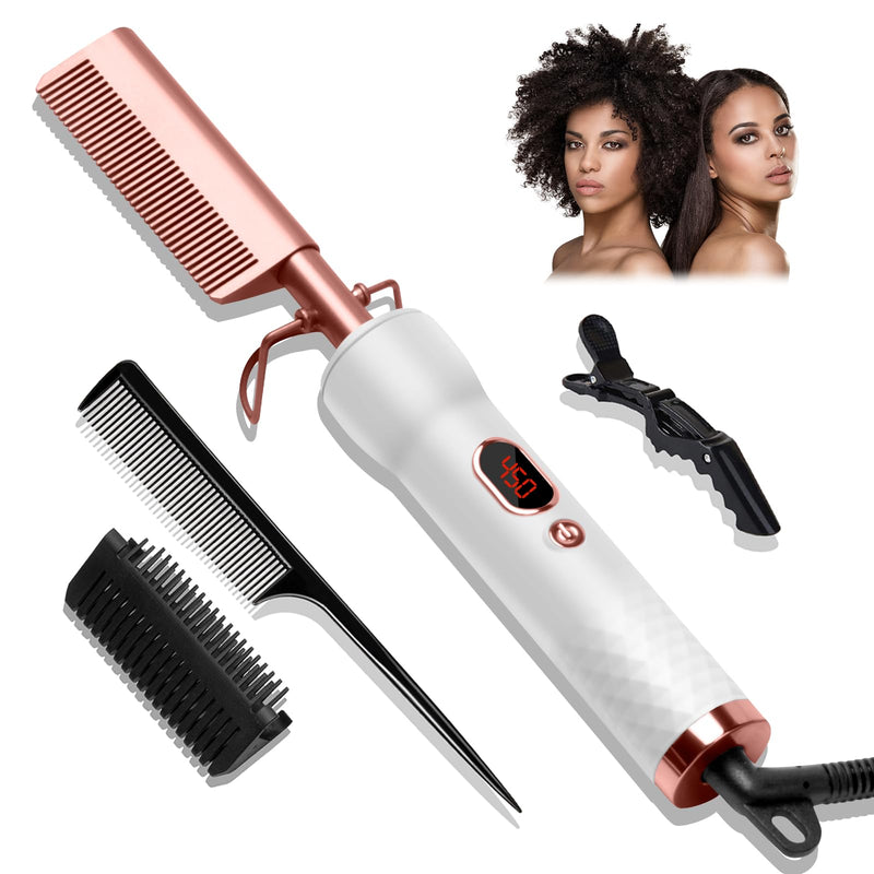 Hot Comb,Electric Hot Comb for Wigs Human Hair with 12 Temp Settings,110-240V Straightening Comb for Black Hair,Heating Up to 450°F Pressing Combs White