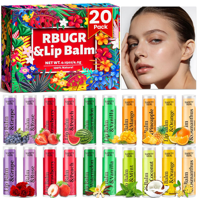 RBUGR Lip Balm Bulk Lip Balms & Moisturizers 20 Pack 12 Flavored | Natural lip balm set with Vitamin E and Coconut Oil for Dry Cracked Lips, Party Favors Adults Supplies for Women(4.2g/0.15oz) 20Pcs