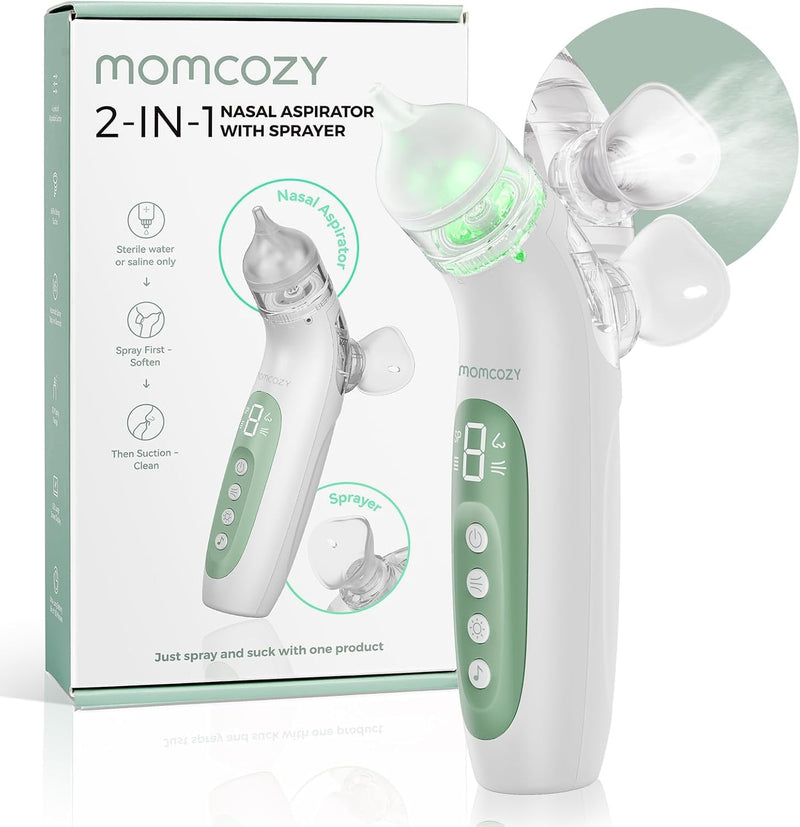 [Australia] - Momcozy BreezyClear‚Ñ¢ 2-in-1 Electric Nasal Aspirator for Baby with Spray, 65kPa Hospital-Grade Suction, 4 Adjustable Levels, Quiet & Portable Nose Cleaner with Soothing Light & Music 