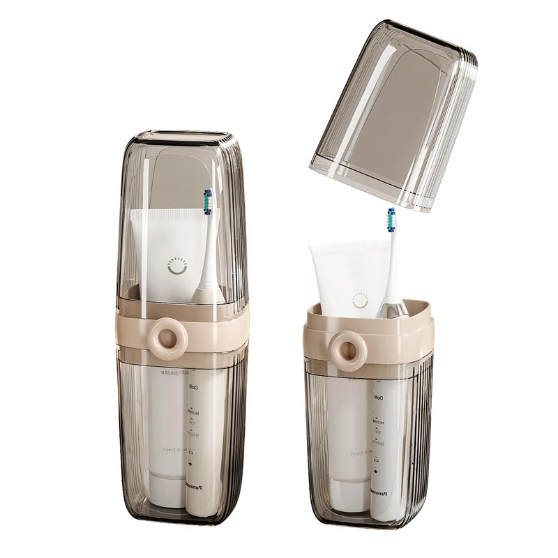 [Australia] - Toothbrush Travel Case, 2 in 1 Toothbrush Holder and Rinse Cup, Large Capacity Toothbrush Cup with Cover, Portable Travel Toothbrush Holder for Traveling, Camping, Trip - 1Pcs - Beige&Clear Clear 