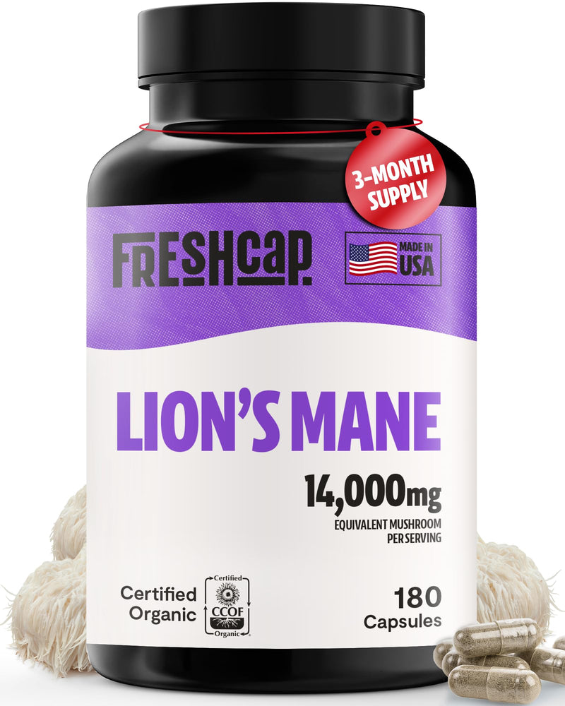 FreshCap Mushrooms Premium Organic Lions Mane Capsules - 14:1 Fruiting Body Extract with 31% Beta-Glucans - 3rd-Party Tested Nootropic for Clarity, Focus & Cognitive Support (180 Capsules) 180 Count Lion's Mane