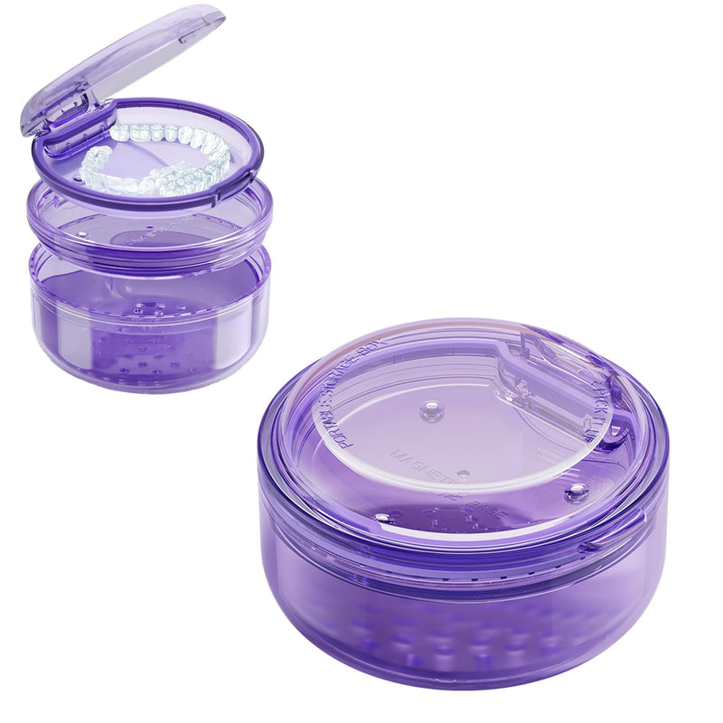 2 in 1 Retainer Case Retainer Bath Case for Cleaning and Store Retainer Mouth Guard Aligner Night Guard Partial Denture, All-in-one Retainer Bath and portable storage case Purple