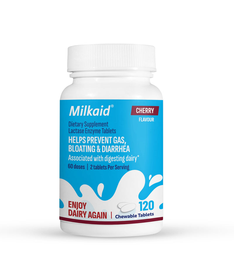 [Australia] - Milkaid Lactase Enzyme Chewable Tablets for Lactose Intolerance Relief | Prevents Gas, Bloating & Diarrhea | Fast Acting Dairy Digestive Supplement (120 Tablets, Cherry) 120 Count (Pack of 1) 
