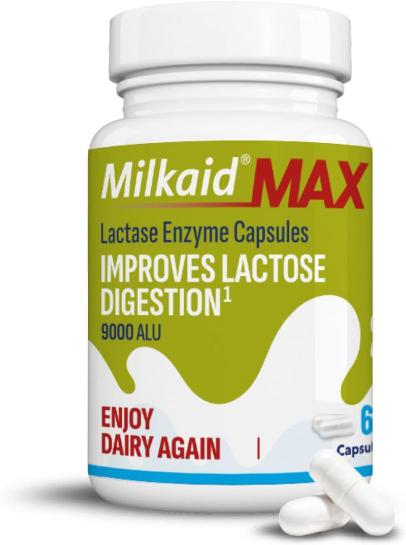 [Australia] - Milkaid Max Capsules for Lactose Intolerance Relief with Lactase Enzyme, Dietary Supplement to Help Prevent Gas, Bloating & Diarrhea Due to Lactose Sensitivity | 9000 ALU (60 Capsules, Unflavored) 60 Count (Pack of 1) 