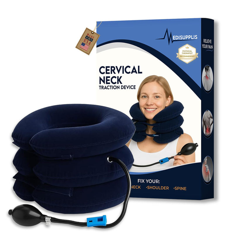 [Australia] - Inflatable Neck Stretcher for Instant Neck Pain Relief Chiropractor Recommended, Adjustable Cervical Neck Traction Device for Pinched Nerve Neck Relief Adjustable (S,M,L) Navy Blue 