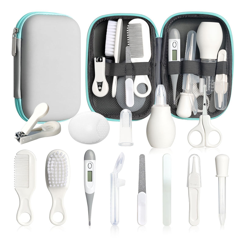 [Australia] - Baby Healthcare and Grooming Kit, 14 in 1 Baby Safety Set Newborn Nursery Health Care Set with Hair Brush Scale Nail Clippers for Baby Girls Boys (14 Kits Grey White) 14kits-Grey White 