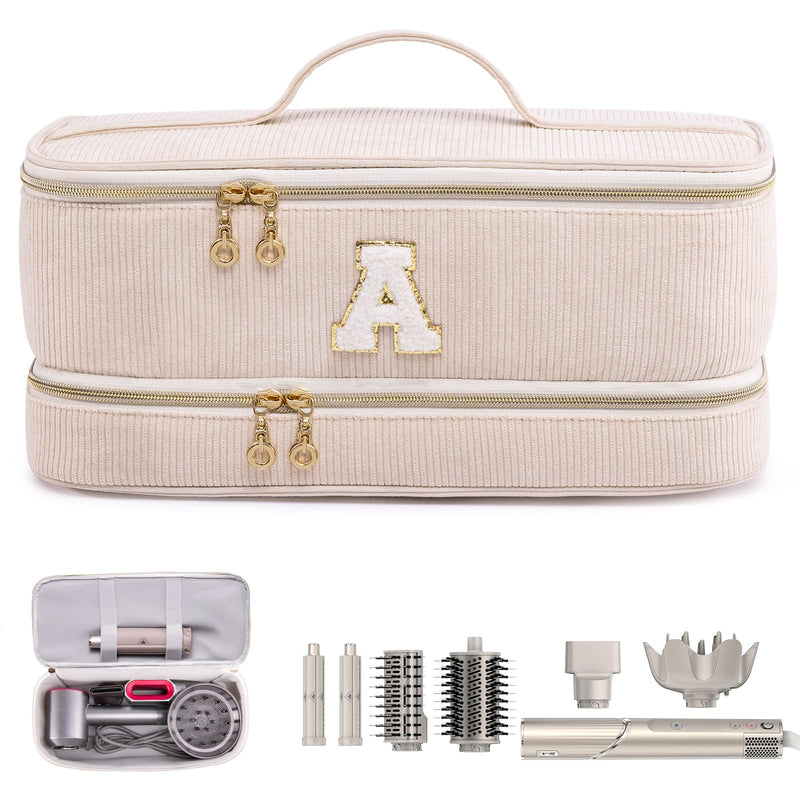 [Australia] - Initial Personalized Hair Tools Travel Bag Double-Layer Hair Dryer Case Compatible with Shark FlexStyle/SmoothStyle, Dysson Airwrap & Supersonic – Hair Tool Organizer for Travel & Home A Ivory 