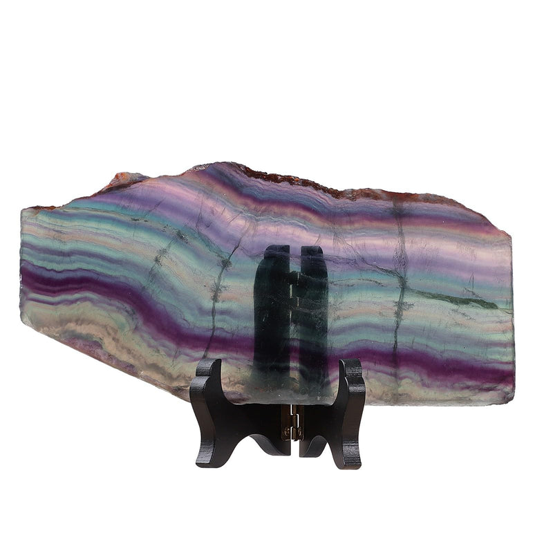 SUNYIK Natural Fluorite Slice with Wood Stand Irregular Fluorite Slab Stone Mineral Specimen Decor Display for Window Home Office