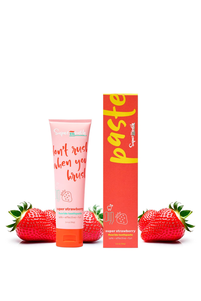SuperMouth Fluoride Toothpaste - Adults & Kids, Fights Cavities, Whitens, Nano Hydroxyapatite, Dentist Developed, Safe Clean Ingredients, Gentle on Sensitive Teeth, Vitamins D3 & K2, 4 Tasty Flavors Strawberry 3.4 Ounce (Pack of 1)