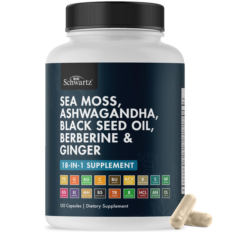 [Australia] - BioSchwartz Sea Moss Black Seed Oil Ashwagandha Ginger Supplement with Turmeric Berberine HCI Burdock Bladderwrack Resveratrol Elderberry Manuka Honey Apple Cider Vinegar ACV - 120 Sea Moss Capsules 120 Count (Pack of 1) 
