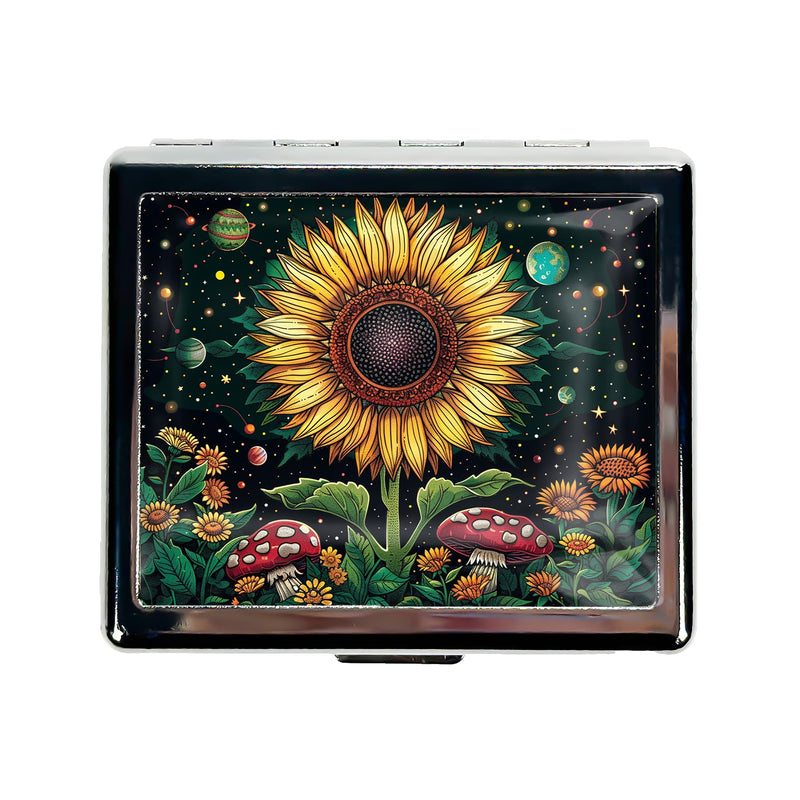 Stylish Metal Pill Organizer with 8 Compartments – Compact Travel Pill Case with Mirror Food-Grade Dividers Versatile for Medications, Vitamins, Jewelry (Celestial Sunflower) Celestial Sunflower
