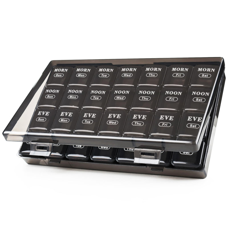 MOLN HYMY Cute Pill Organizer 4 Times a Day, Daily Pill Box 7 Day, 28 compartments, Portable, Travel Friendly Medicine Planner for Vitamins/Fish Oils/Medication/Supplements (Black, Small) Black