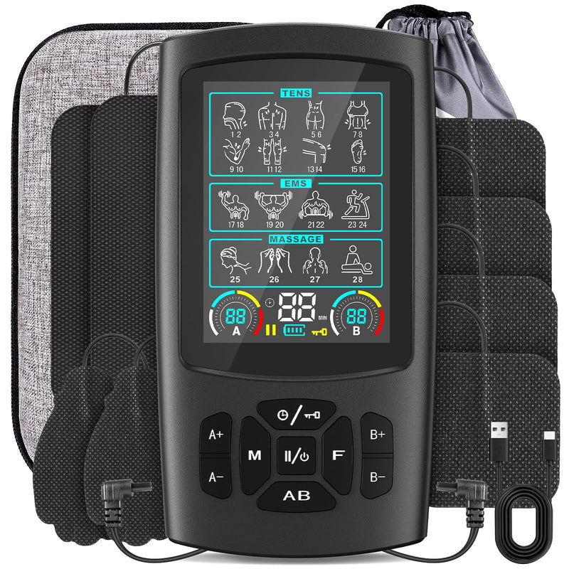 3-in-1 TENS Unit Muscle Stimulator with Color Display - Dual Channel EMS Machine, 28 Therapy Modes,40 Intensity Levels,8 Electrode Pads & EVA Case for Effective Pain Relief 8 Electrode Pads
