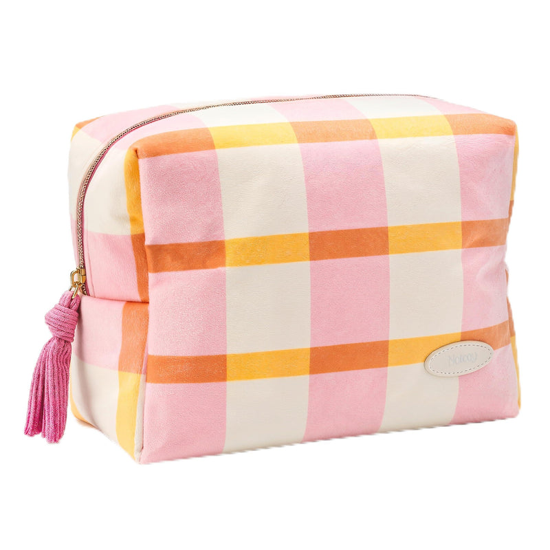 Velvet Makeup Bag with 2 Inner Pockets, Zipper Cosmetic Pouch and Travel Organizer for Makeup, Toiletries, Accessories, and Jewelry - Pink Checkered Pink Picnic Large Pouch