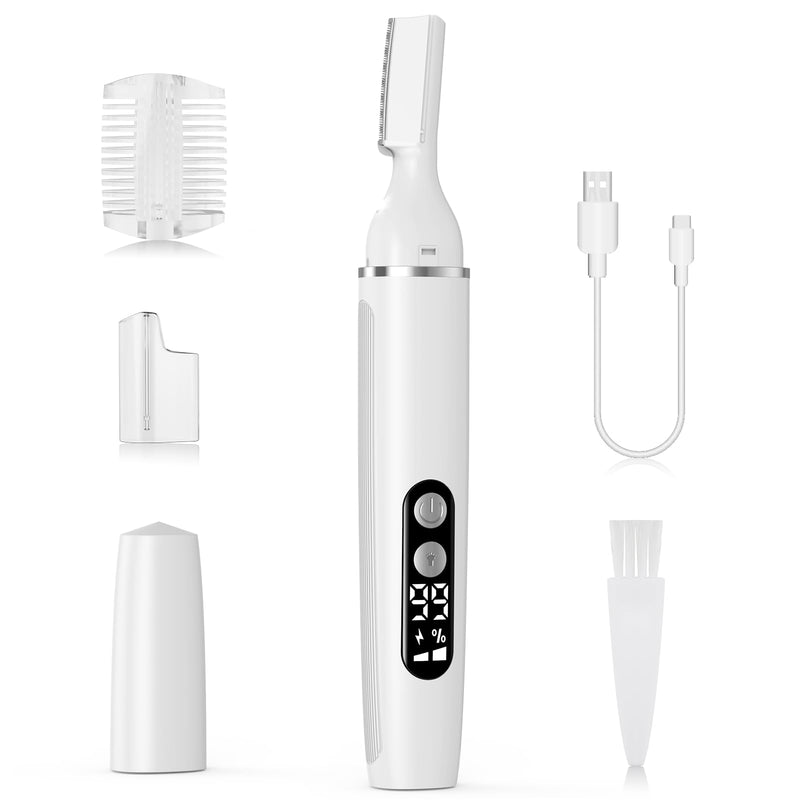 Eyebrow Trimmer Electric Eyebrow Razor with Digital Display LED Light, 2-Speed Eyebrow Shaver Rechargeable Facial Hair Remover Trimmer for Women, Painless Face Hair Removal for Upper Lip Peach Fuzz White