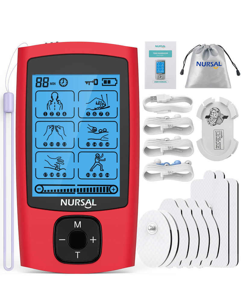 NURSAL 24 Modes TENS Unit Muscle Stimulator, Rechargeable Electronic Pulse Massager with 8 Pads for Back and Shoulder Pain Relief and Muscle Strength (Red) B-red