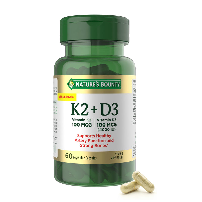 Nature’s Bounty Vitamin D3 K2 Supplement, 4000 IU Vitamin D3 plus 100 mcg of Vitamin K Supplements for Adults for Heart & Bone Health Support, 60 Day Supply, 60 Vegetarian Capsules 60 Count (Pack of 1)