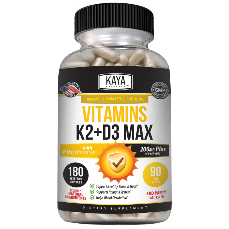 Kaya Naturals Vitamins K2 with D3 5000IU Supplement for Men and Women - Easy to Swallow - Bioperine Capsules (180 Count (Pack of 1) 180 Count (Pack of 1)