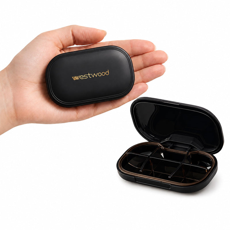 HyJeryty 6-Compartment Pill Organizer - Small Compact Travel Pill Case for Vitamins, Medication and Supplements - Portable Black Medicine Pill Box with Stylish Design Compact Black