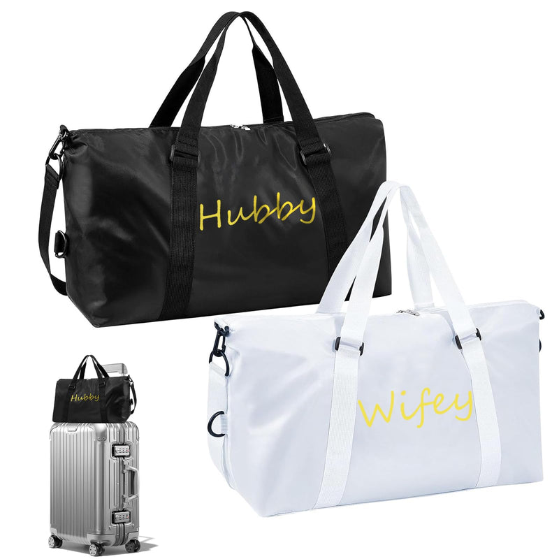 2 Pcs Wifey Hubby Duffle Bag Set White Black Wedding Travel Bags Waterproof Honeymoon Travel Bags Weekender Tote Bag For Women Men Couple Bridal Shower Honeymoon Party Organizer Supplies
