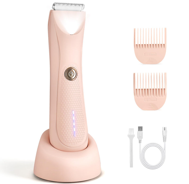 [Australia] - Riokko Bikini Trimmer for Women with LED Light and IPX7 Waterproof Dual Charging, Skin-Safe Cordless Pubic Hair Shaver with Battery Indicator Pink 