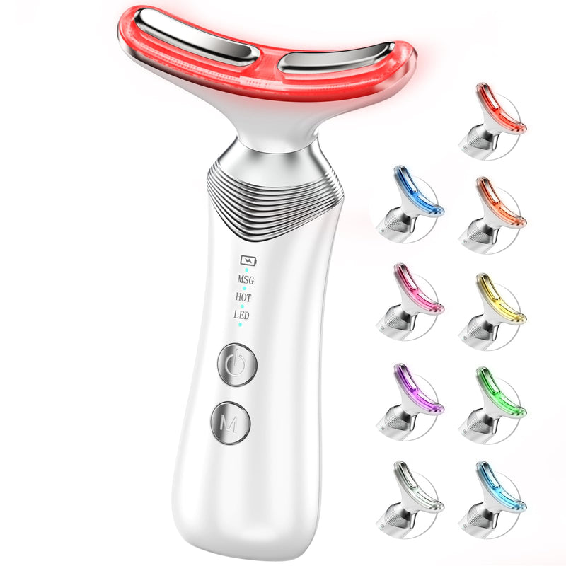 [Australia] - 9-in-1 Red-Light-Therapy-for-Face-and-Neck, Portable Facial Massager Tool with Adjustable Vibration & Thermals for Wrinkles, Double Chin, White 