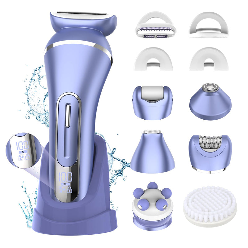 [Australia] - Electric Shavers for Women, 7 in 1 Hair Removal Kit with Epilator Bikini Trimmer Face Razor Body Brush Face Massager Foot Callus Remover, IPX7 Waterproof Lady Razors Set for Legs Armpit Bikini Pubic Purple-1 