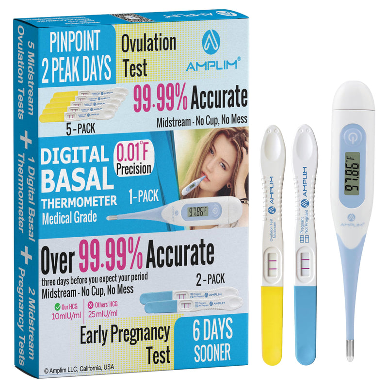[Australia] - AMPLIM 99.99% Accurate HCG Pregnancy (Early Detection 10mIU/mL), LH Ovulation Midstream Tests, 0.01F Precision Digital Basal Temperature, 2-sec Easy Home Use, 5-min Results, 8-Pack 1 Count (Pack of 8) 