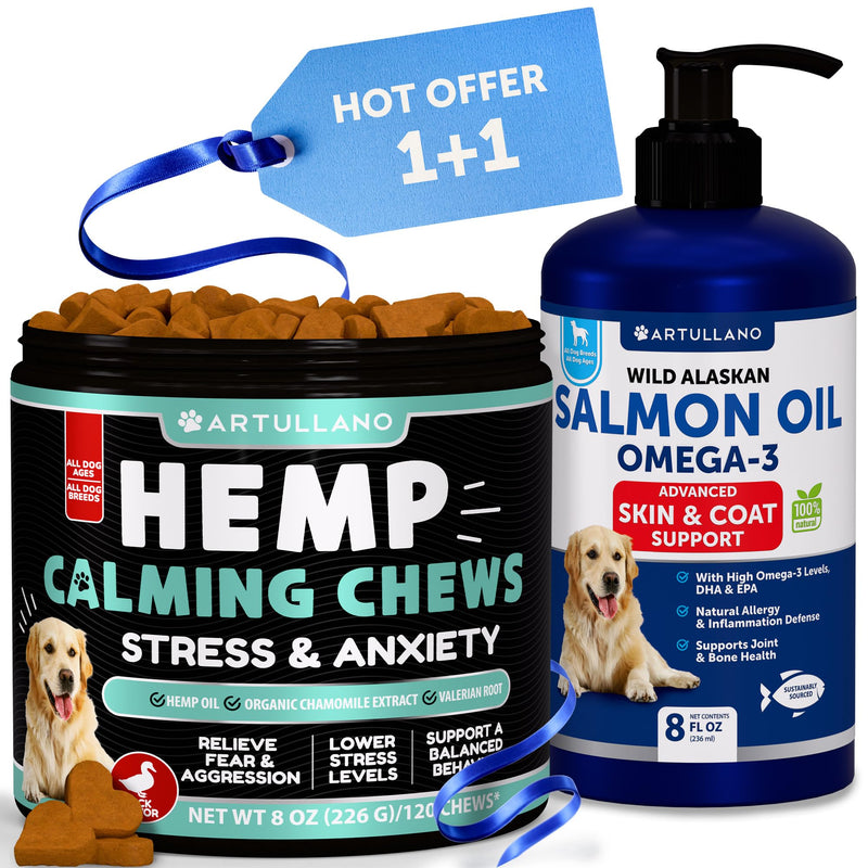 Hemp Calming Chews + Wild Alaskan Salmon Oil for Dogs Bundle - Advanced Dog Calming Chews - Anxiety Relief Treats - Dog Anxiety Relief - Hip and Joint Support - Salmon Oil for Dogs Skin and Coat - PawsPlanet Australia