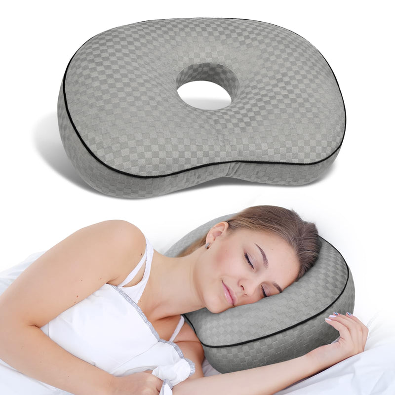 [Australia] - Ear Piercing Pillow for Side Sleepers with an Ear Hole for CNH and Ear Pain Ear Inflammation Pressure Sores, Cotton and Polyester Adjustable Filling Washable and Adjustable Ear Guard Pillow, Gray 