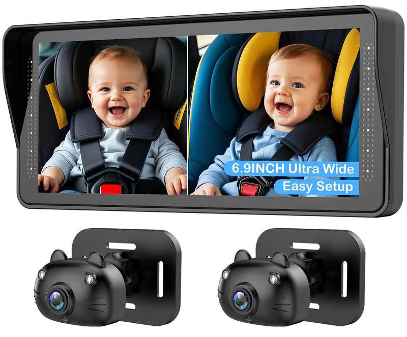 [Australia] - Dual Baby Car Camera for 2 Kids - 6.9'' Split Screen Ultrawide HD Display with Two Cameras, Easy Setup, Rotatable Night Vision Cameras, Ideal for Parents, Grandparents, Safe & Clear Viewing 