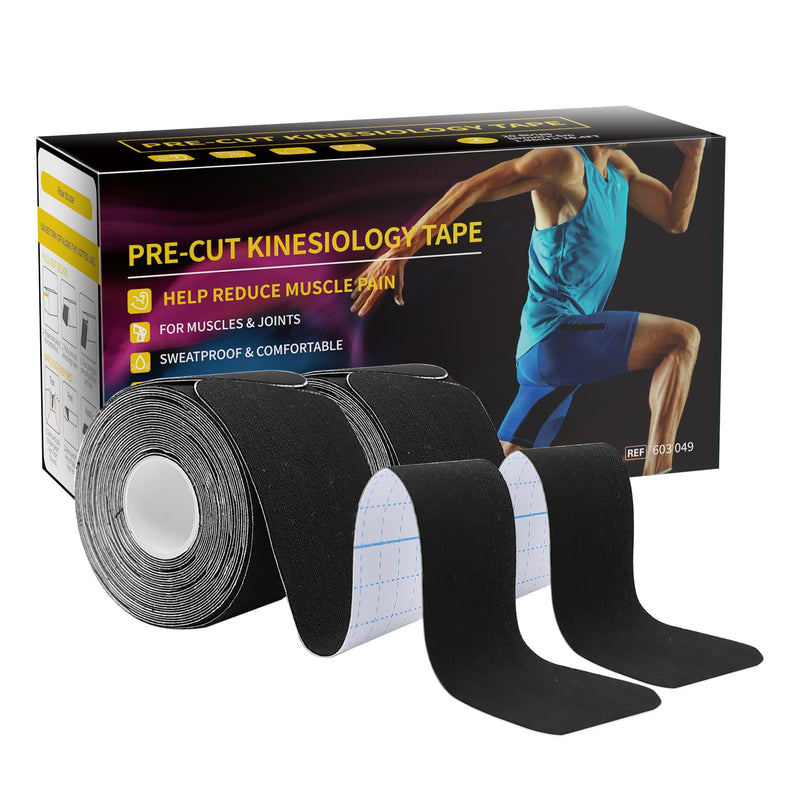 [Australia] - Dimora Kinesiology Tape, 40 Count Precut Strips 2 Rolls, Original Cotton, 10‚Äù Elastic Athletic Tape for Muscle Pain Relief and Joint Support, Black 