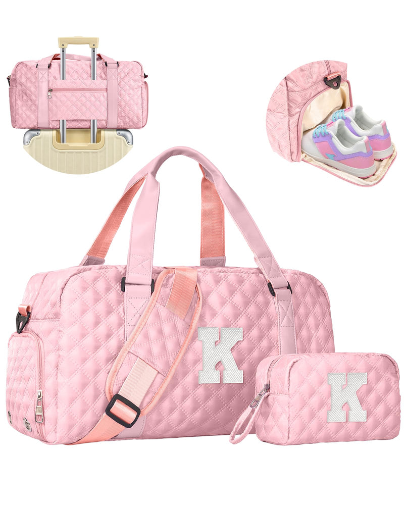 Initial Gifts for 8 9 10 11 12 Year Old Girl, Duffle Travel Bag Kids Teens | Travel Duffel Bags for Girls Teen Women, Carry on Bag with Makeup bag, Water Repellent, Holiday Presents, Baby Pink K