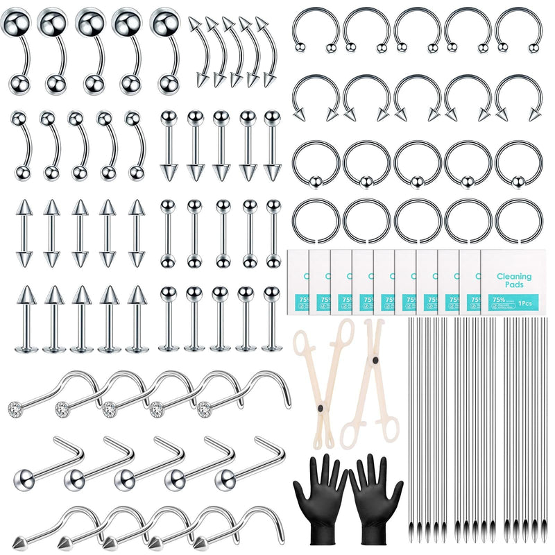[Australia] - 104PCS Body Septum Piercing Kit with 14G/16G/20G Piercing Needles Piercing Jewelry and Tool Set for Ear Nose Belly Button Nipple Lip Cartilage Eyebrow Tongue Navel Piercing Kit for All Piercings Silver 