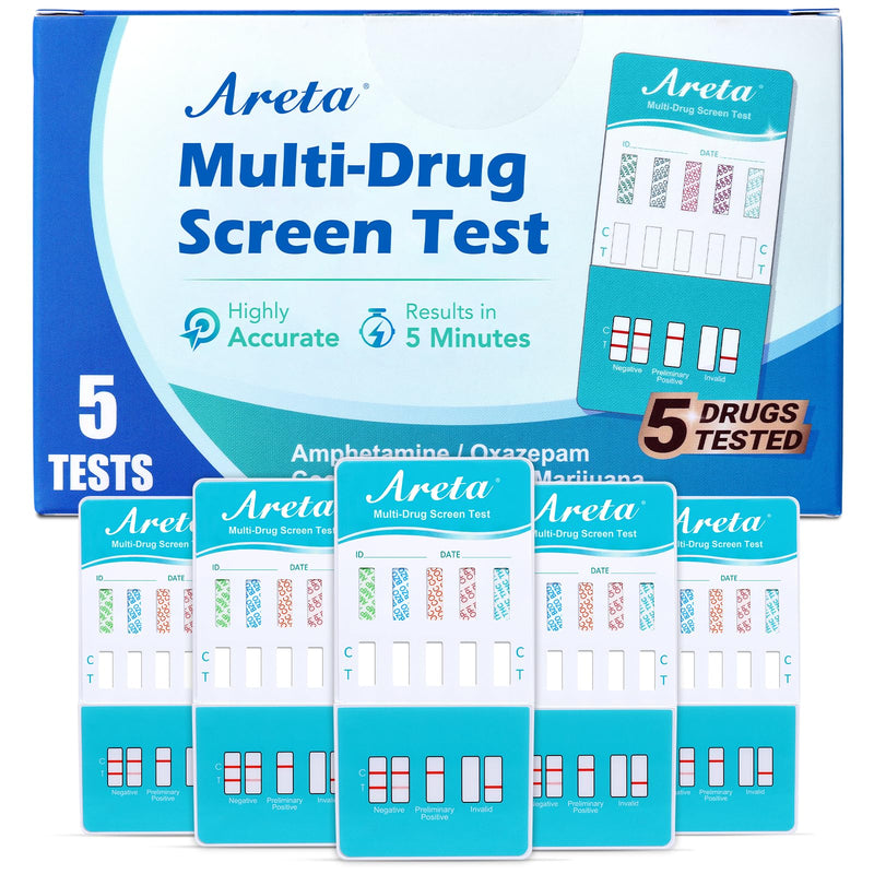 Areta 5 Panel Urine Drug Test Kit, Multi Drug Screen Testing Kit, 5 Pack | Testing Marijuana(THC), Cocaine(COC), Opiates(OPI), AMP, BZO, at Home All Drugs Screening Tests Kit, ADTP-754 Pack of 1