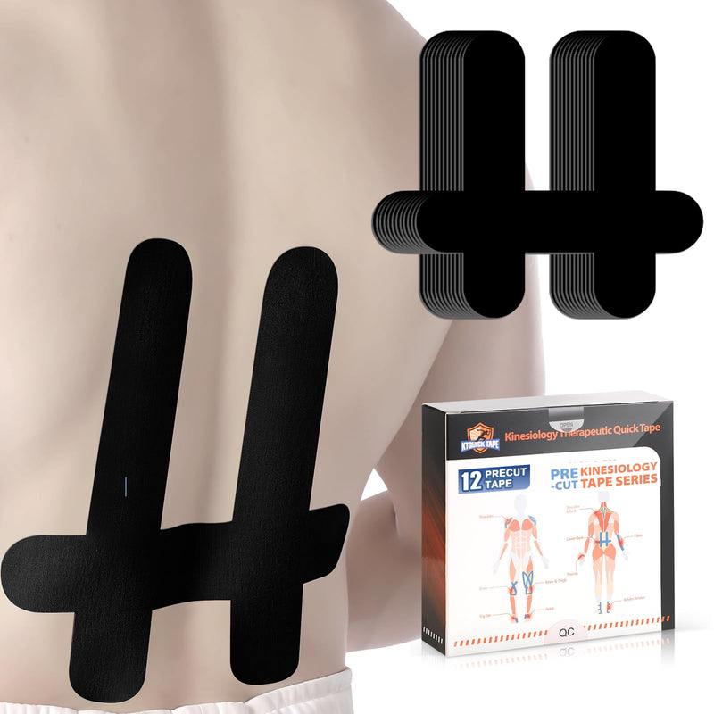 PreCut Kinesiology Tape for Lower Back, 12PCS Kinesiology Tape Precut for Lower Back, KTQUICK Original Cotton Waterproof&Breathable Latex-Free, Enhance Elastic Athletic Tape for Support Muscle(Black) Black