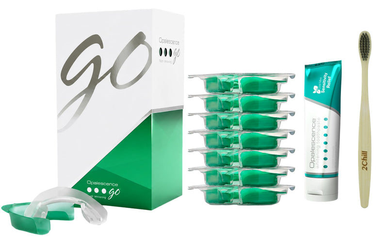 Opalescence GO 15 Teeth Whitening Trays Bundle 15% Hydrogen Peroxide 6288-T | Gel Prefilled Trays - Includes Sensitive Toothpaste Travel Size 1 Oz & 2Chill Toothbrush. Mint - by Ultradent (7 Treatments) Sensitive / Mint 1 Count (Pack of 7)