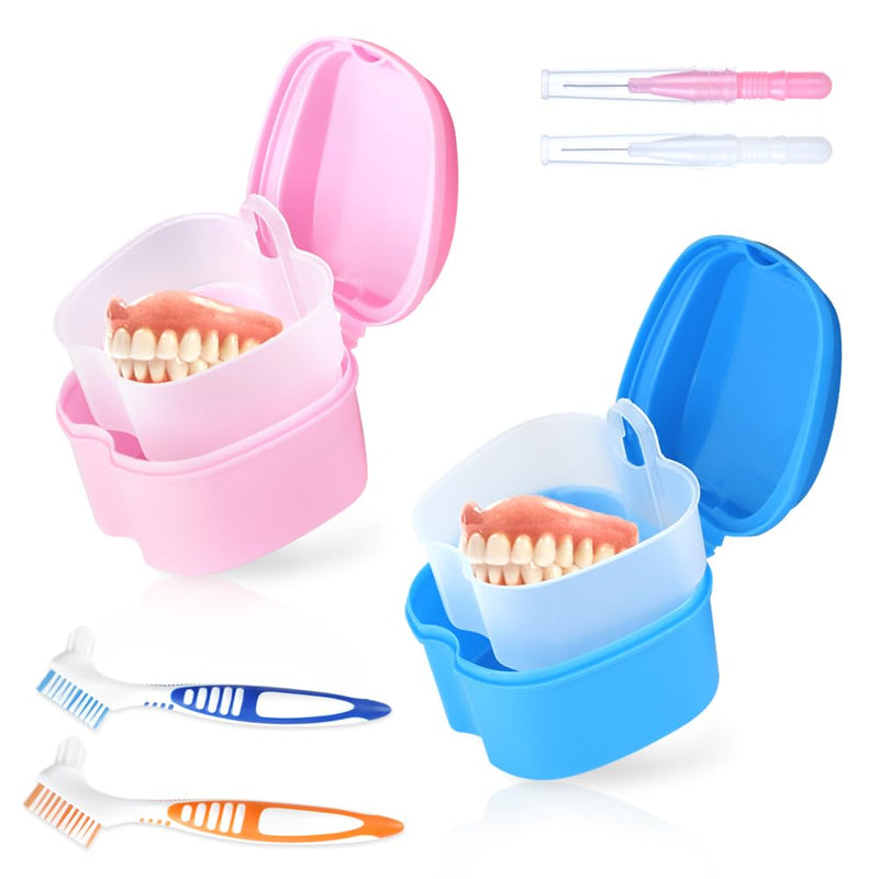 [Australia] - 2pcs Denture Case with 2pcs Toothbrush 2pcs Oral Brushes, Retainer Cleaner Case, Cleaner Denture Bath Box for Retainer Holder False Teeth(Pink Blue) 