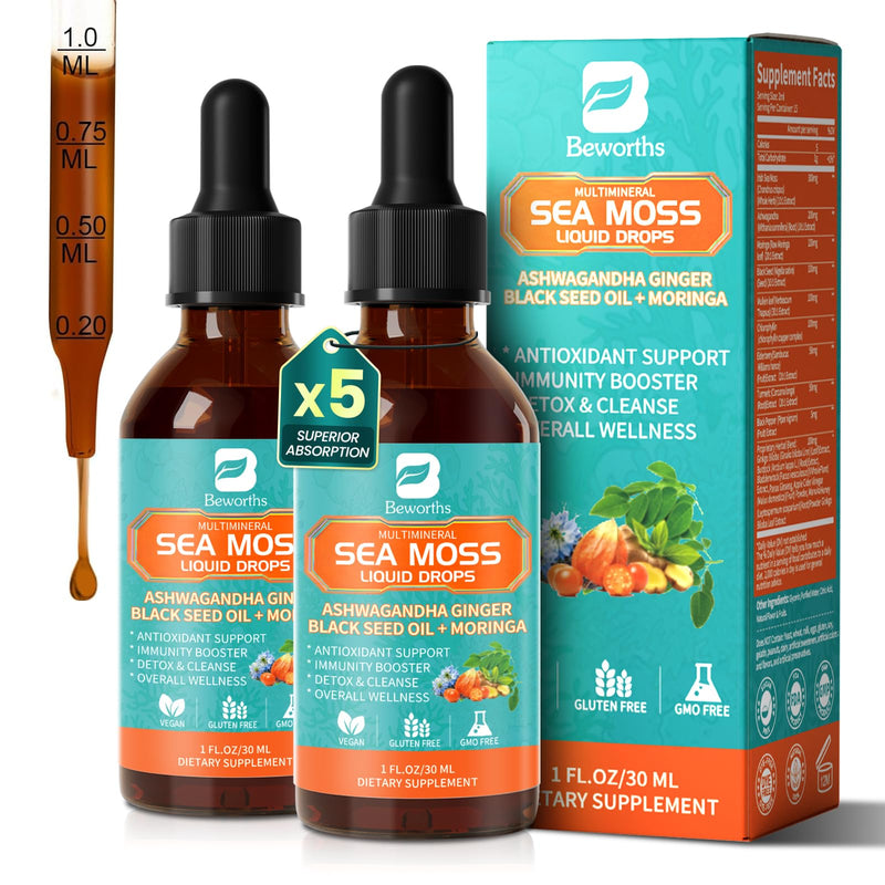 [Australia] - 2PACK Sea Moss Drops - Irish Sea Moss Chlorophyll Liquid with Black Seed Oil, Ashwagandha, Moringa, Turmeric, Elderberry, Mullein, Seamoss Gel Supplement for Lung Cleaner, Detox & Gut, Immune Support 1 Fl Oz (Pack of 2) 
