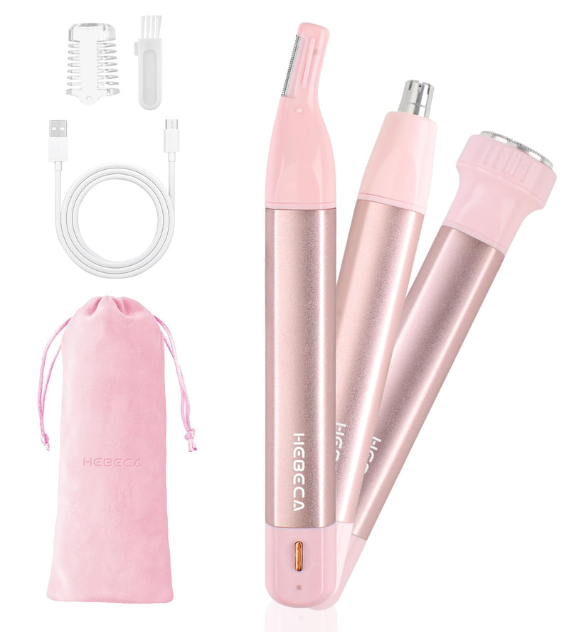 Nose Hair Trimmer for Women 3in1 Facial Hair Removal Trimmers- Rechargeable, Waterproof, Portable with Travel Bag- Trims Nose, Ear, Eyebrow, Peach-Fuzz, Lips, Chin Face Hair Remover FT2003 (Pink)