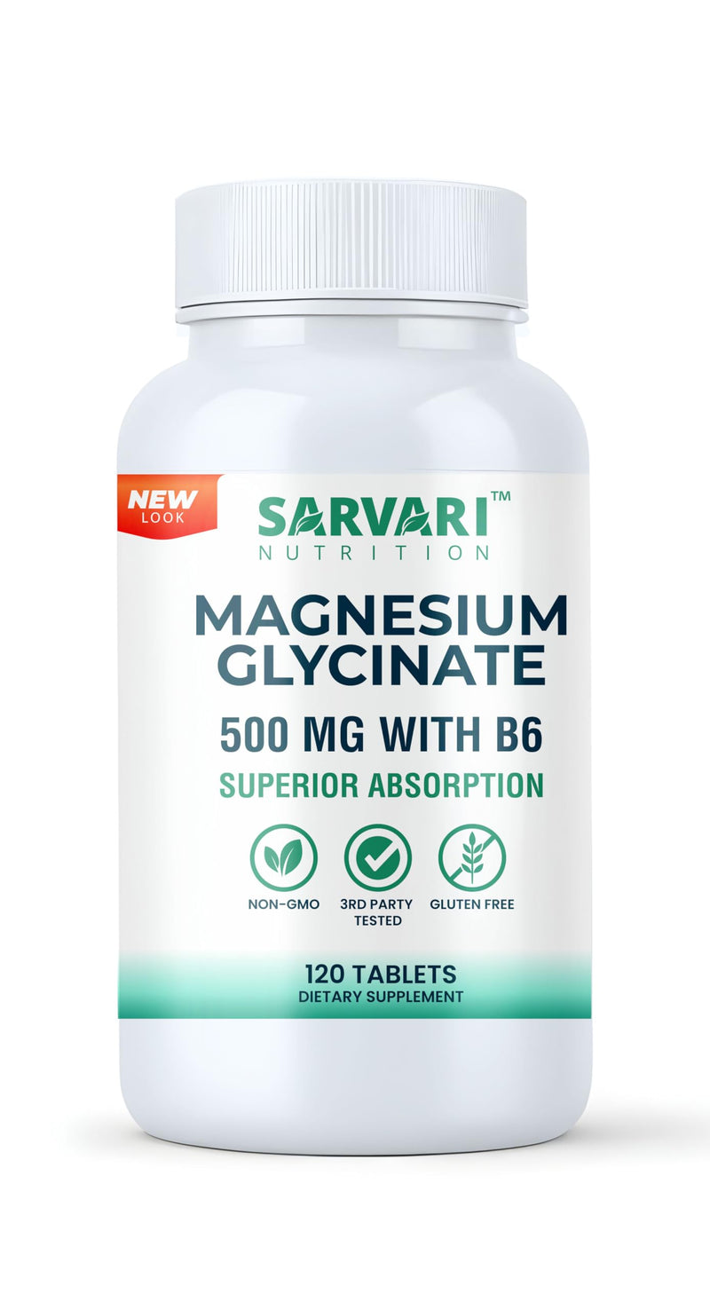 Magnesium Glycinate Supplement 500mg |120 Vegetarian Tablets, Added Vitamin B6 for Enhanced Absorption | Made in USA, 3rd Party Tested, Non-GMO & Gluten Free.