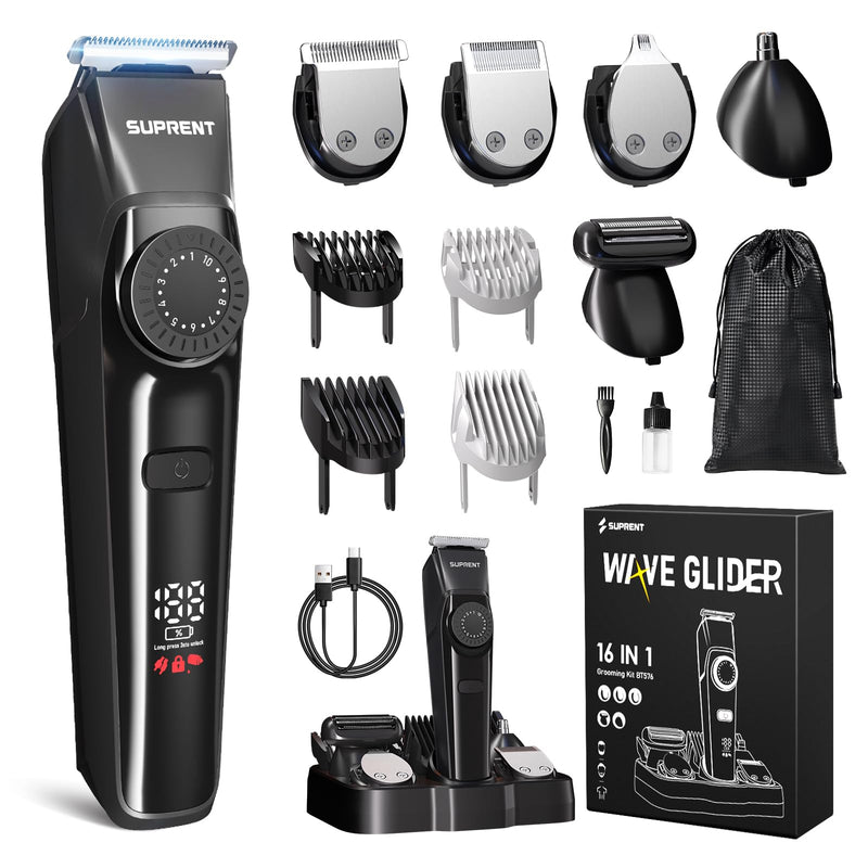 [Australia] - SUPRENT Beard Trimmers for Men - All-in-One Mens Grooming Kits with 40 Precision Dials，Waterproof Adjustable Trimmers for Hair, Beard, Face, Nose & Body, USB-C Rechargeable, 3.5H Running Time (Black) Black 
