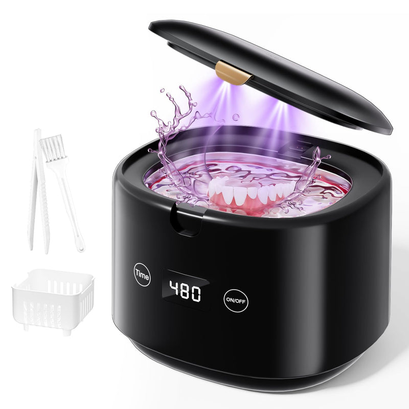 [Australia] - Ultrasonic Retainer Cleaner, 45kHz Sonic Retainer Cleaner Machine Dental Cleaning Pod for Dentures, Mouth Guards, Braces, Toothbrush Heads, Jewelry, 5 Modes for All Dental Appliances (Black) Black 