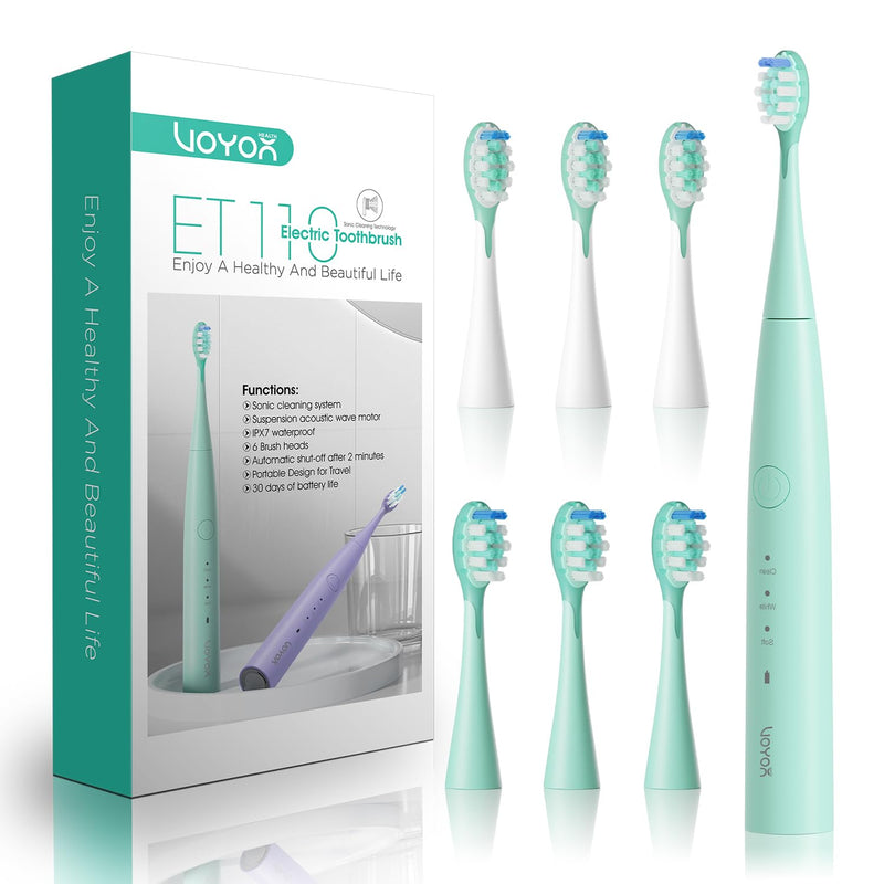 [Australia] - VOYOR-HEALTH Portable Electric Toothbrush - 90-Day Battery & IPX7 Waterproof, Fast-Charging Sonic Toothbrush with 6 Brush Heads & Smart Timer | Ultra Cleaning, Travel-Friendly Design | ET110 (Green) Green 